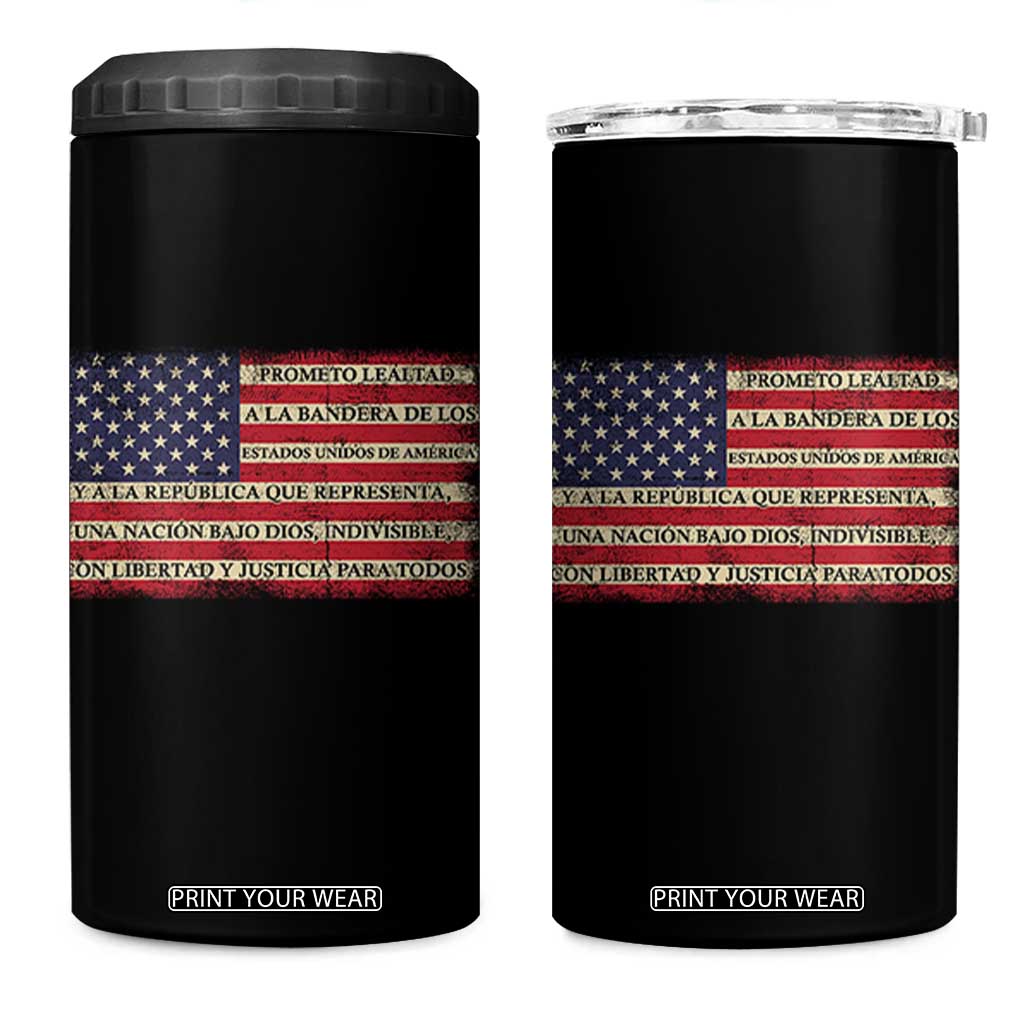 Spanish Pledge of Allegiance USA Flag Vintage Patriotic Graphic 4 in 1 Can Cooler Tumbler American Patriot Promesa de Lealtad TS02 One Size: 16 oz Black Print Your Wear