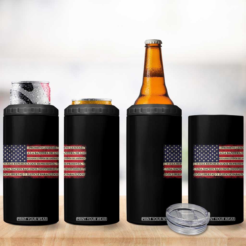 Spanish Pledge of Allegiance USA Flag Vintage Patriotic Graphic 4 in 1 Can Cooler Tumbler American Patriot Promesa de Lealtad TS02 Print Your Wear