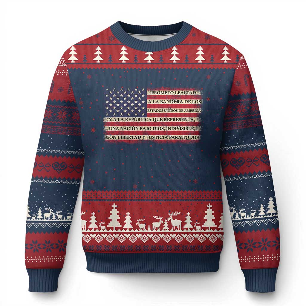 Spanish Pledge of Allegiance USA Flag Vintage Patriotic Graphic Ugly Christmas Sweater American Patriot Promesa de Lealtad TS02 Navy Red Print Your Wear