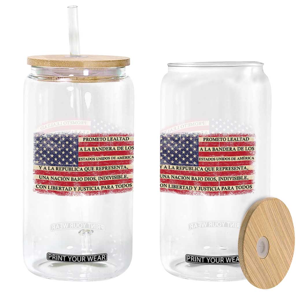 Spanish Pledge of Allegiance USA Flag Vintage Patriotic Graphic Glass Can American Patriot Promesa de Lealtad TS02 Print Your Wear