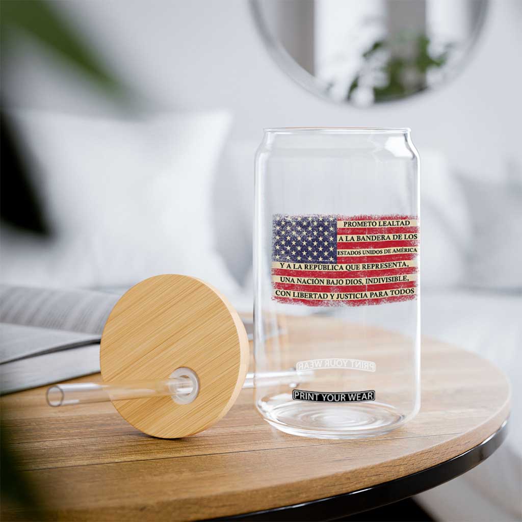 Spanish Pledge of Allegiance USA Flag Vintage Patriotic Graphic Glass Can American Patriot Promesa de Lealtad TS02 Print Your Wear