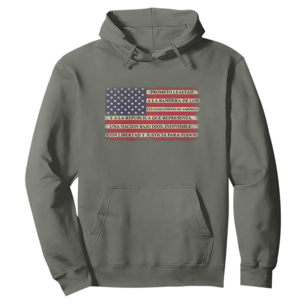 Spanish Pledge of Allegiance USA Flag Vintage Patriotic Graphic Hoodie American Patriot Promesa de Lealtad TS02 Military Green Print Your Wear