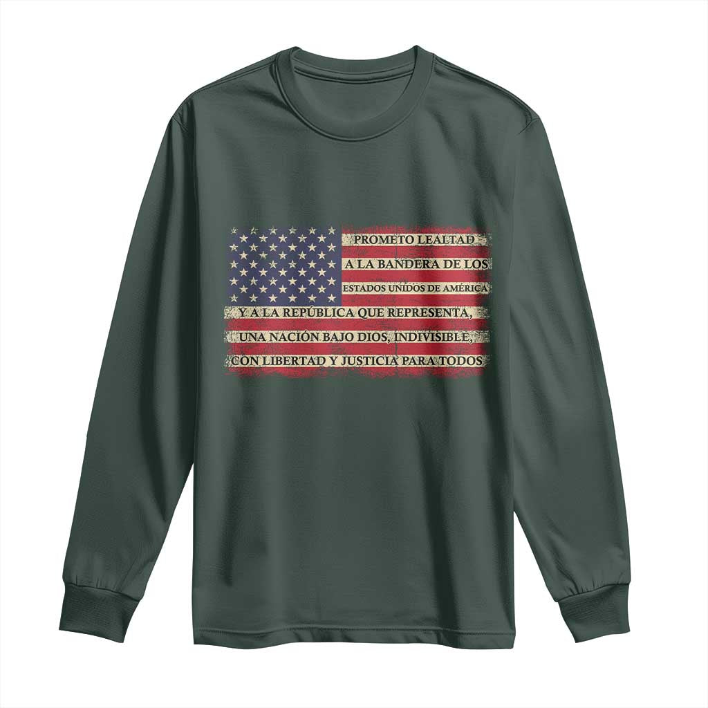 Spanish Pledge of Allegiance USA Flag Vintage Patriotic Graphic Long Sleeve Shirt American Patriot Promesa de Lealtad TS02 Dark Forest Green Print Your Wear
