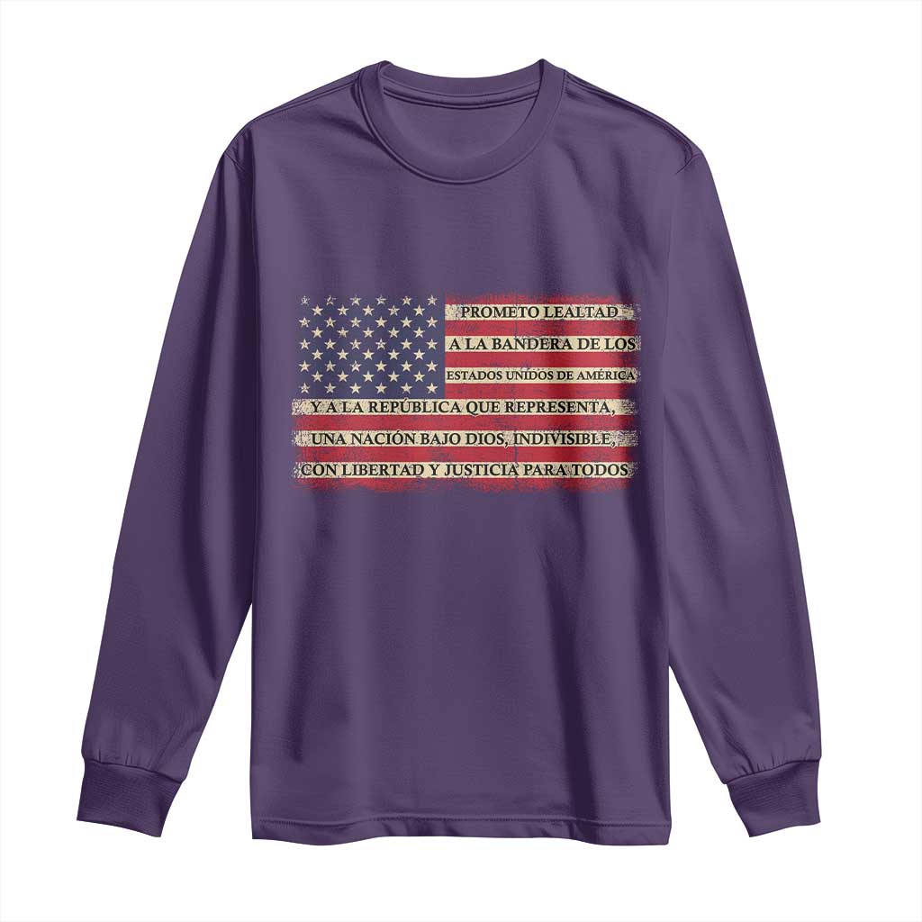 Spanish Pledge of Allegiance USA Flag Vintage Patriotic Graphic Long Sleeve Shirt American Patriot Promesa de Lealtad TS02 Purple Print Your Wear