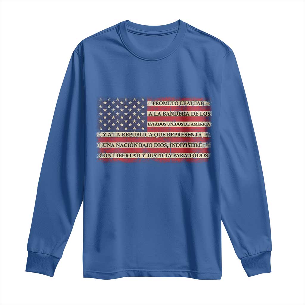 Spanish Pledge of Allegiance USA Flag Vintage Patriotic Graphic Long Sleeve Shirt American Patriot Promesa de Lealtad TS02 Royal Blue Print Your Wear