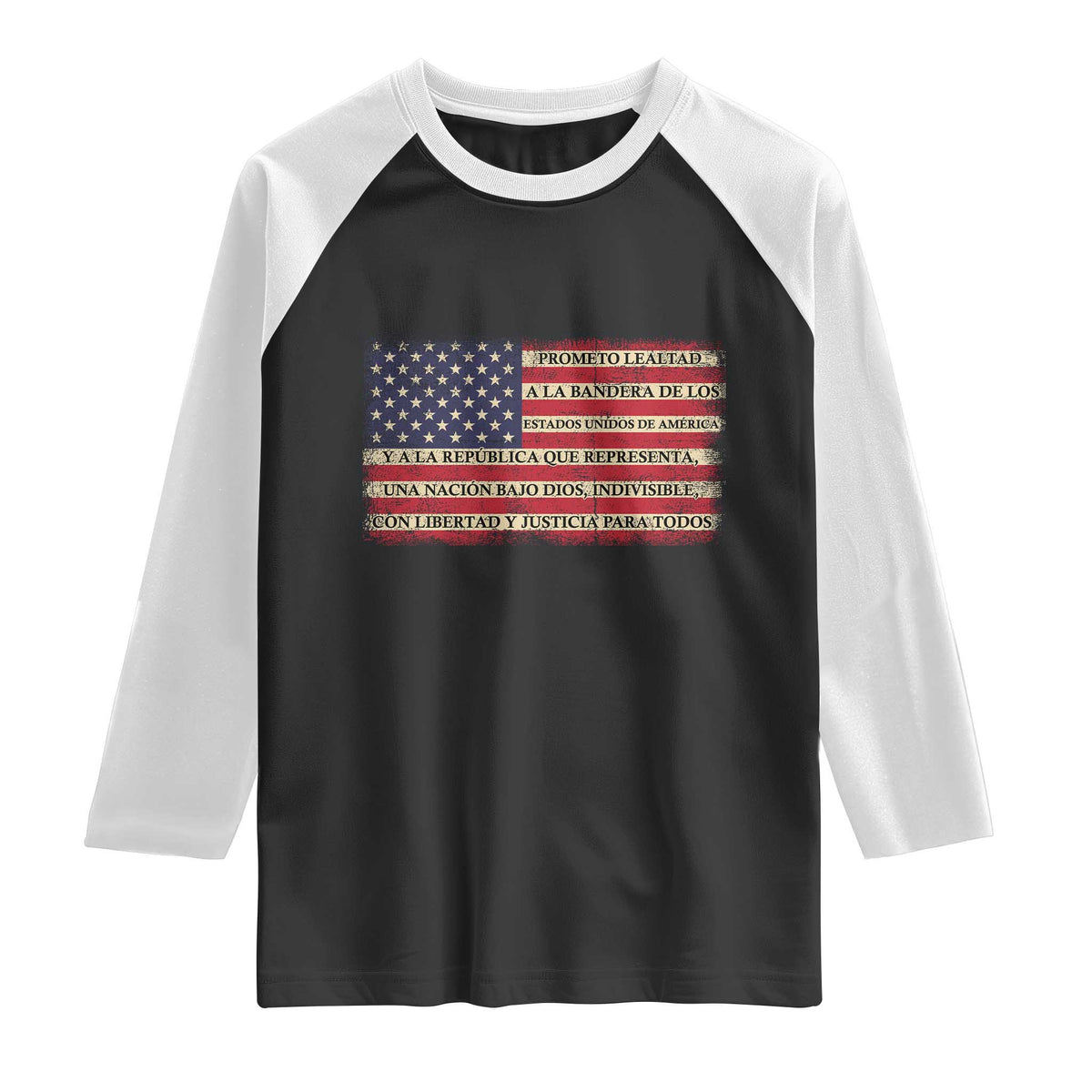 Spanish Pledge of Allegiance USA Flag Vintage Patriotic Graphic Raglan Shirt American Patriot Promesa de Lealtad TS02 Black White Print Your Wear