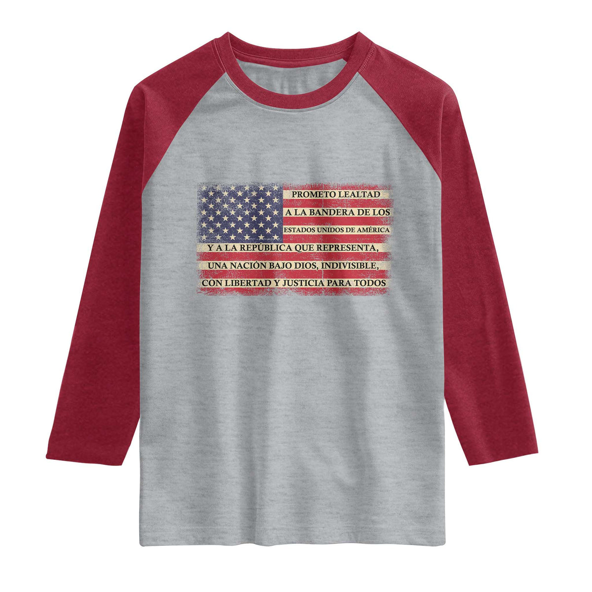 Spanish Pledge of Allegiance USA Flag Vintage Patriotic Graphic Raglan Shirt American Patriot Promesa de Lealtad TS02 Heather Gray Heather Red Print Your Wear