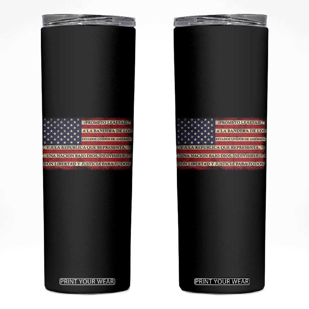 Spanish Pledge of Allegiance USA Flag Vintage Patriotic Graphic Skinny Tumbler American Patriot Promesa de Lealtad TS02 Black Print Your Wear