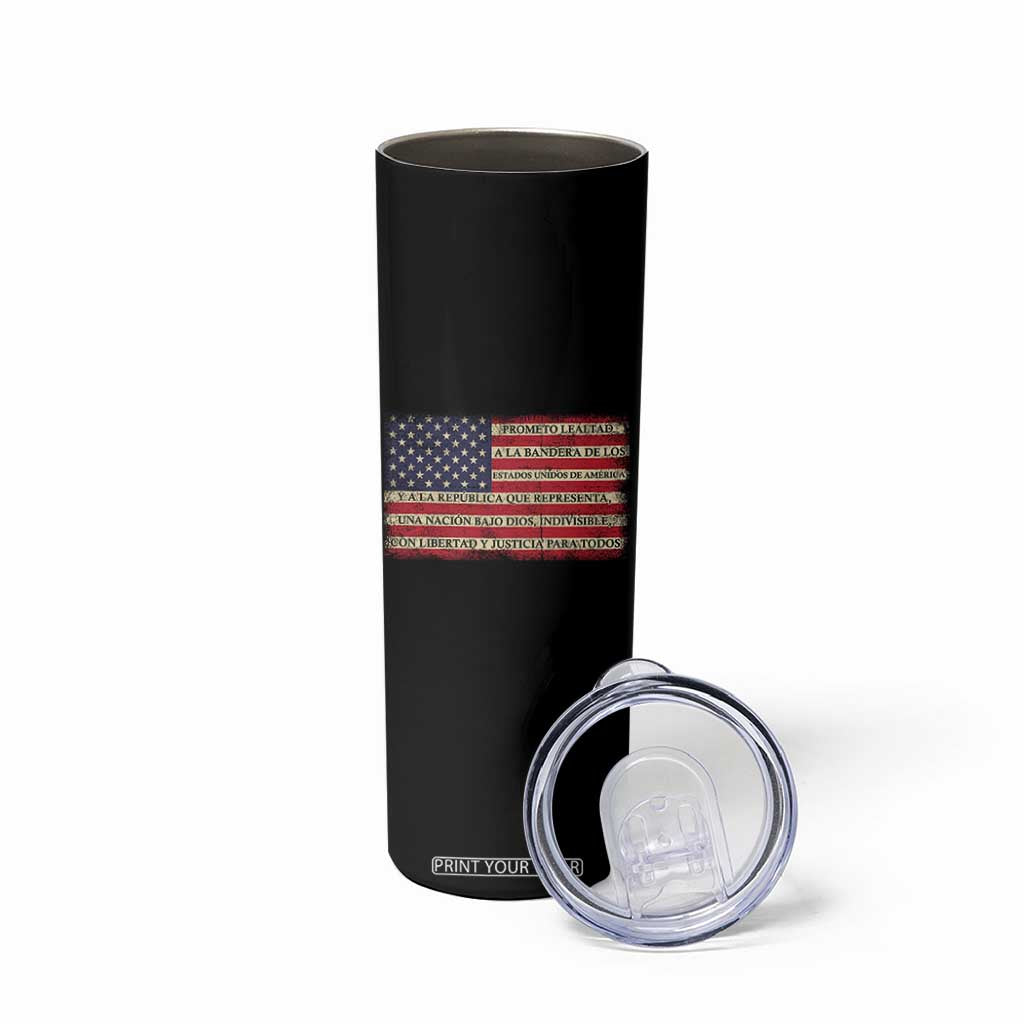 Spanish Pledge of Allegiance USA Flag Vintage Patriotic Graphic Skinny Tumbler American Patriot Promesa de Lealtad TS02 Print Your Wear