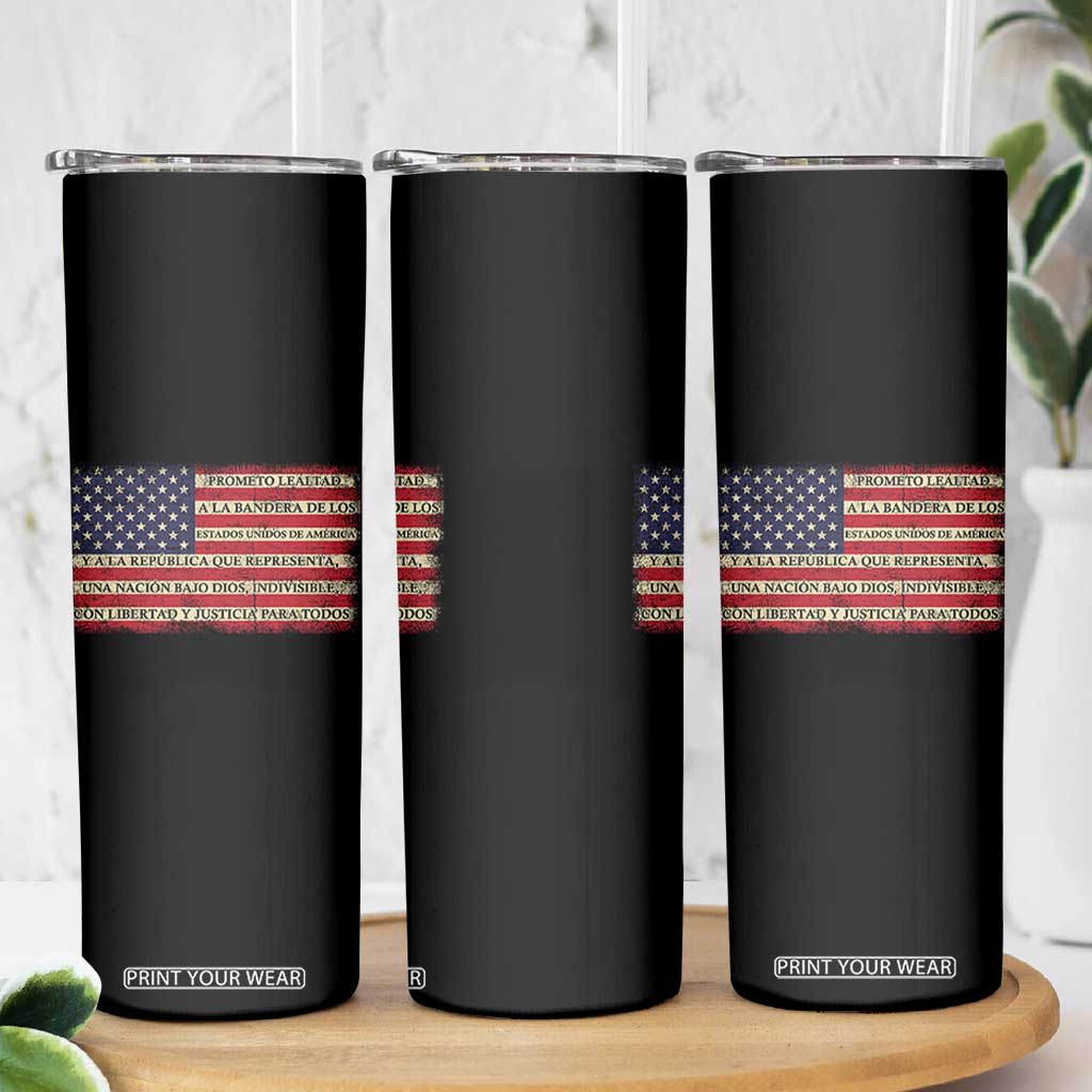 Spanish Pledge of Allegiance USA Flag Vintage Patriotic Graphic Skinny Tumbler American Patriot Promesa de Lealtad TS02 Print Your Wear