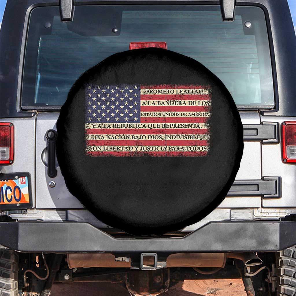 Spanish Pledge of Allegiance USA Flag Vintage Patriotic Graphic Spare Tire Cover American Patriot Promesa de Lealtad TS02 No hole Black Print Your Wear