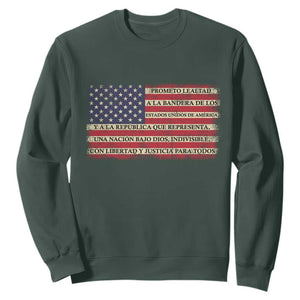 Spanish Pledge of Allegiance USA Flag Vintage Patriotic Graphic Sweatshirt American Patriot Promesa de Lealtad TS02 Dark Forest Green Print Your Wear