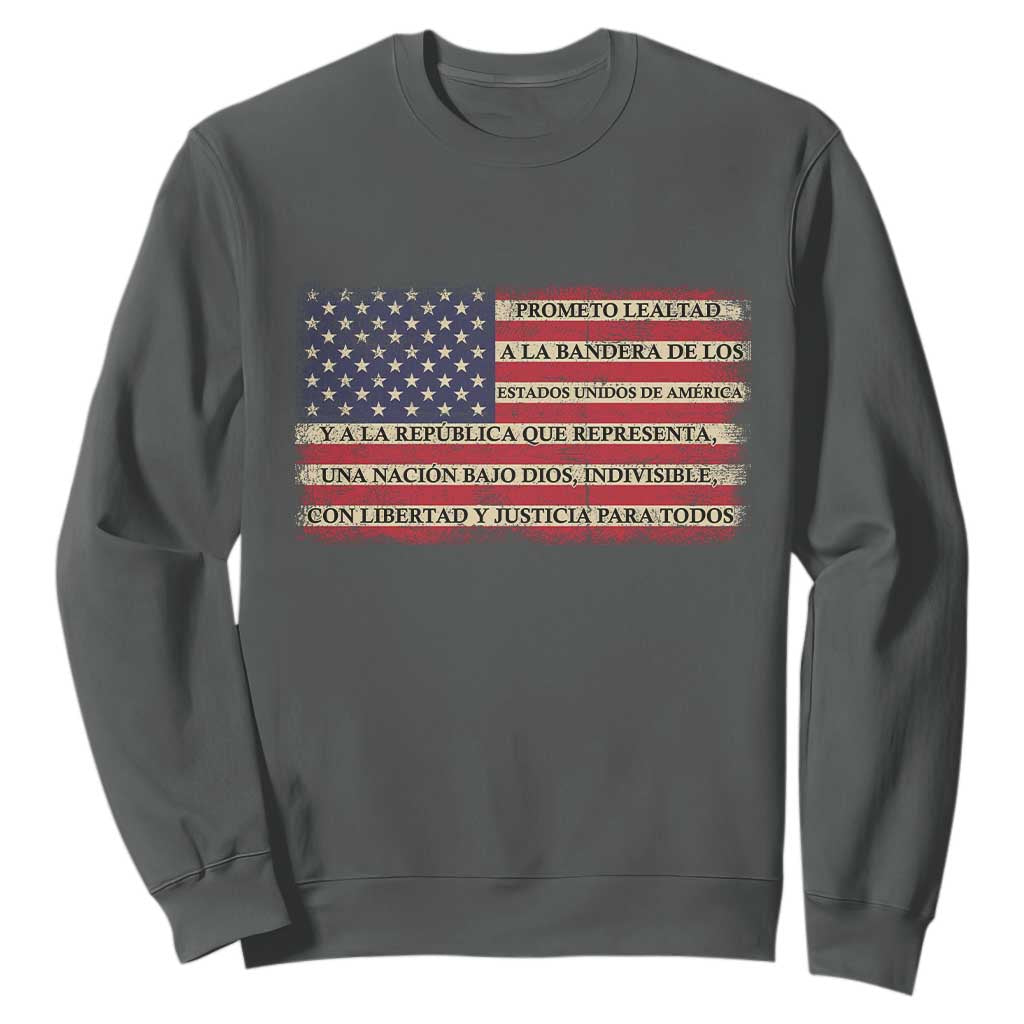 Spanish Pledge of Allegiance USA Flag Vintage Patriotic Graphic Sweatshirt American Patriot Promesa de Lealtad TS02 Dark Heather Print Your Wear