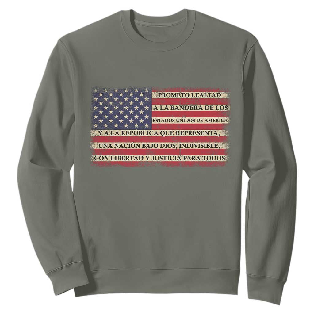 Spanish Pledge of Allegiance USA Flag Vintage Patriotic Graphic Sweatshirt American Patriot Promesa de Lealtad TS02 Military Green Print Your Wear