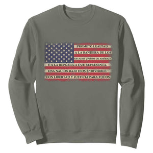 Spanish Pledge of Allegiance USA Flag Vintage Patriotic Graphic Sweatshirt American Patriot Promesa de Lealtad TS02 Military Green Print Your Wear