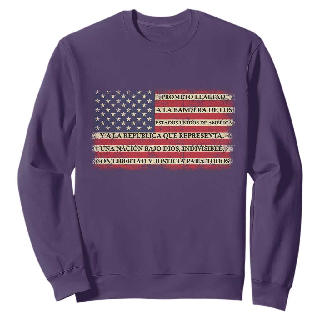 Spanish Pledge of Allegiance USA Flag Vintage Patriotic Graphic Sweatshirt American Patriot Promesa de Lealtad TS02 Purple Print Your Wear
