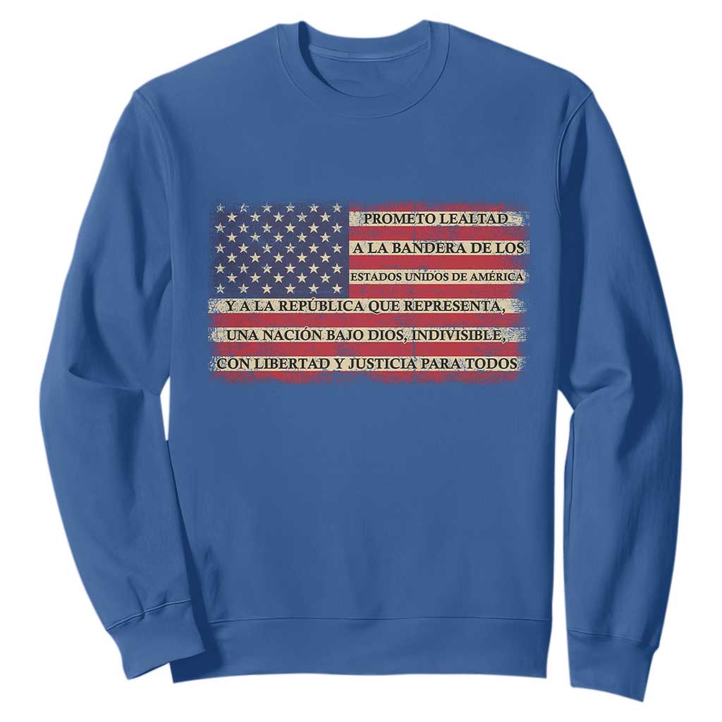 Spanish Pledge of Allegiance USA Flag Vintage Patriotic Graphic Sweatshirt American Patriot Promesa de Lealtad TS02 Royal Blue Print Your Wear
