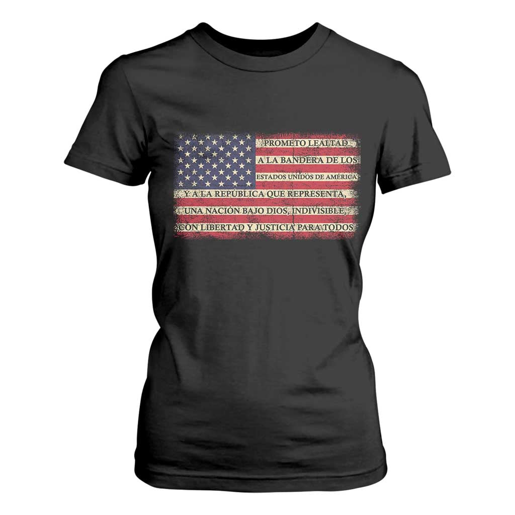 Spanish Pledge of Allegiance USA Flag Vintage Patriotic Graphic T Shirt For Women American Patriot Promesa de Lealtad TS02 Black Print Your Wear