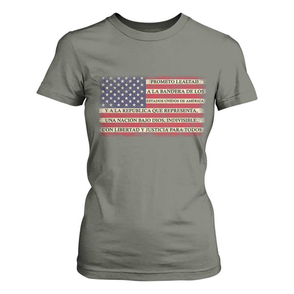 Spanish Pledge of Allegiance USA Flag Vintage Patriotic Graphic T Shirt For Women American Patriot Promesa de Lealtad TS02 Military Green Print Your Wear