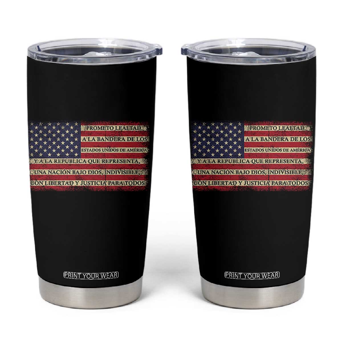 Spanish Pledge of Allegiance USA Flag Vintage Patriotic Graphic Tumbler Cup American Patriot Promesa de Lealtad TS02 Black Print Your Wear