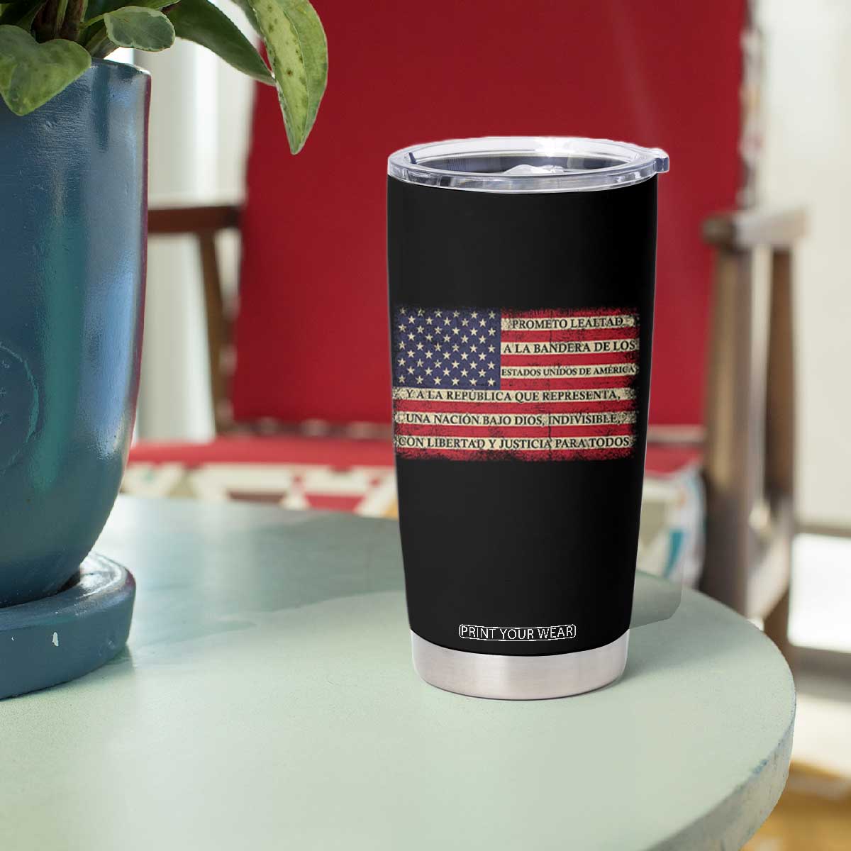 Spanish Pledge of Allegiance USA Flag Vintage Patriotic Graphic Tumbler Cup American Patriot Promesa de Lealtad TS02 Print Your Wear