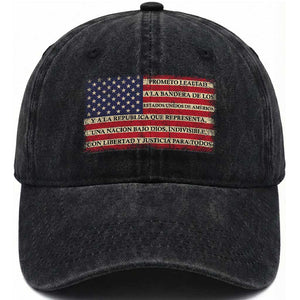 Spanish Pledge of Allegiance USA Flag Vintage Patriotic Graphic Washed Cotton Baseball Cap American Patriot Promesa de Lealtad TS02 Print Your Wear