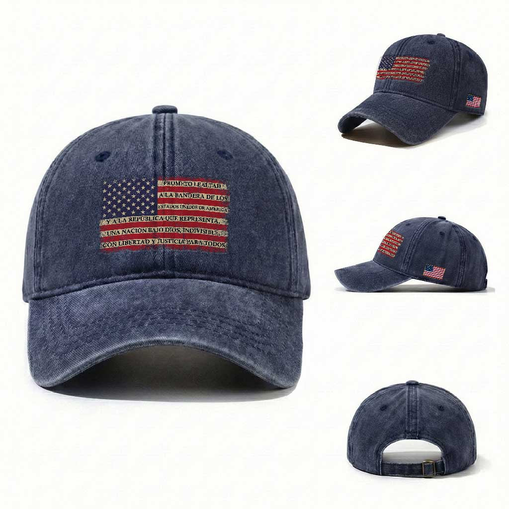 Spanish Pledge of Allegiance USA Flag Vintage Patriotic Graphic Washed Cotton Baseball Cap American Patriot Promesa de Lealtad TS02 Washed Cap Universal Fit Navy Print Your Wear