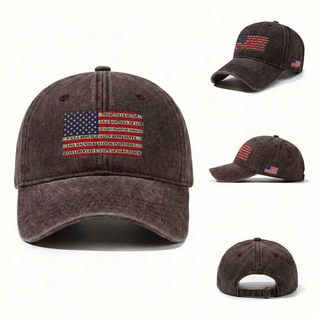 Spanish Pledge of Allegiance USA Flag Vintage Patriotic Graphic Washed Cotton Baseball Cap American Patriot Promesa de Lealtad TS02 Washed Cap Universal Fit Dark Brown Print Your Wear