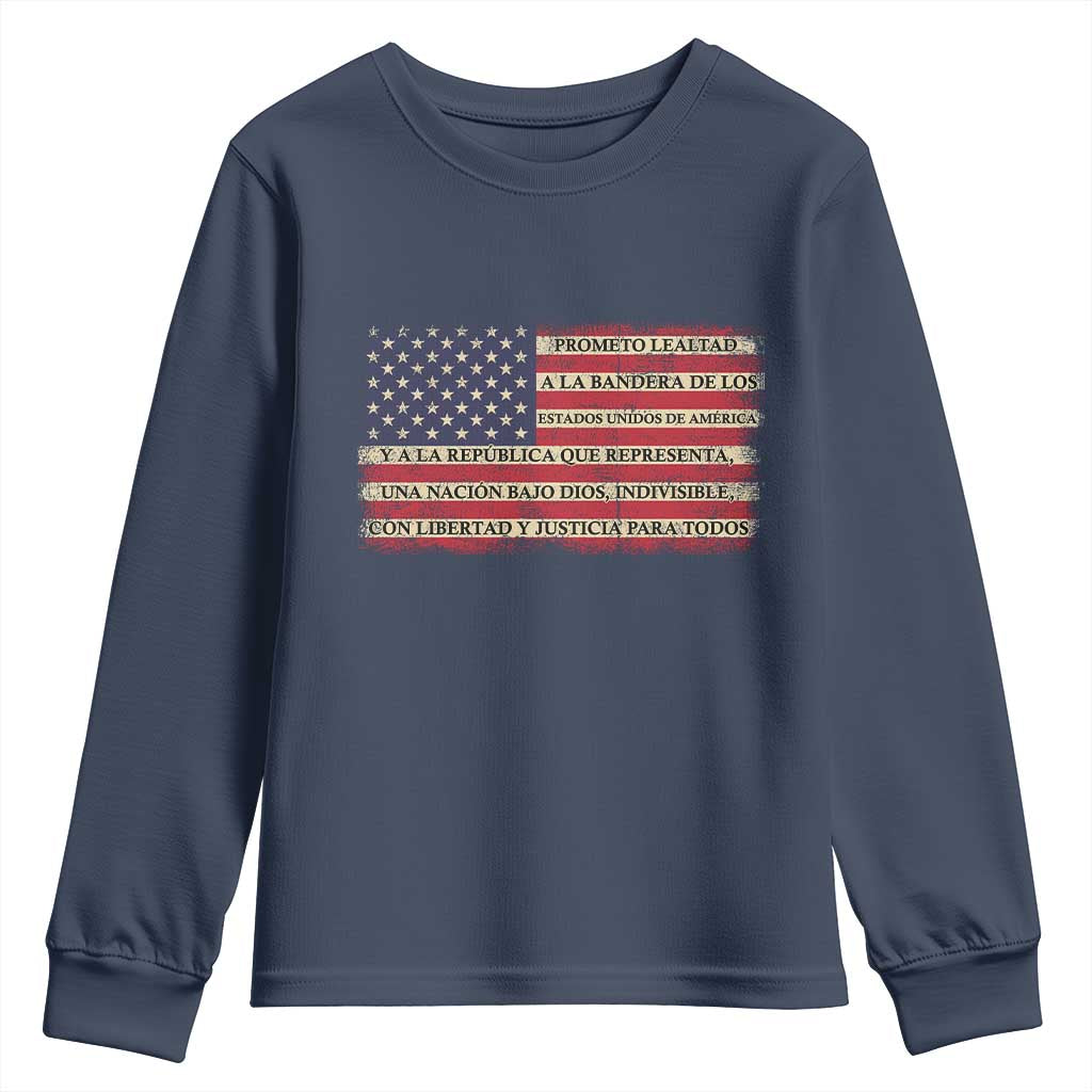 Spanish Pledge of Allegiance USA Flag Vintage Patriotic Graphic Youth Sweatshirt American Patriot Promesa de Lealtad TS02 Navy Print Your Wear