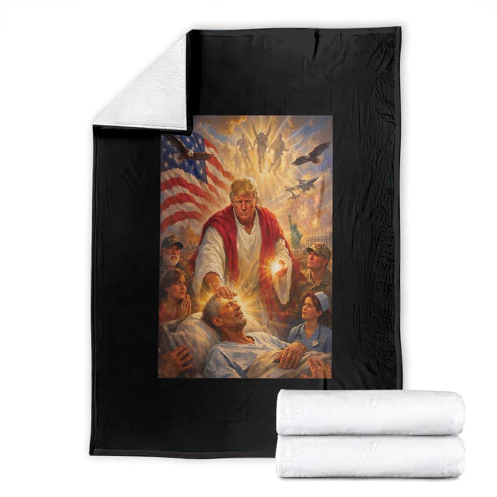 Trump The Healer Oil Painting Graphic Throw Blanket Sacred Heart Divine Mercy Political Parody TS02 Black Print Your Wear