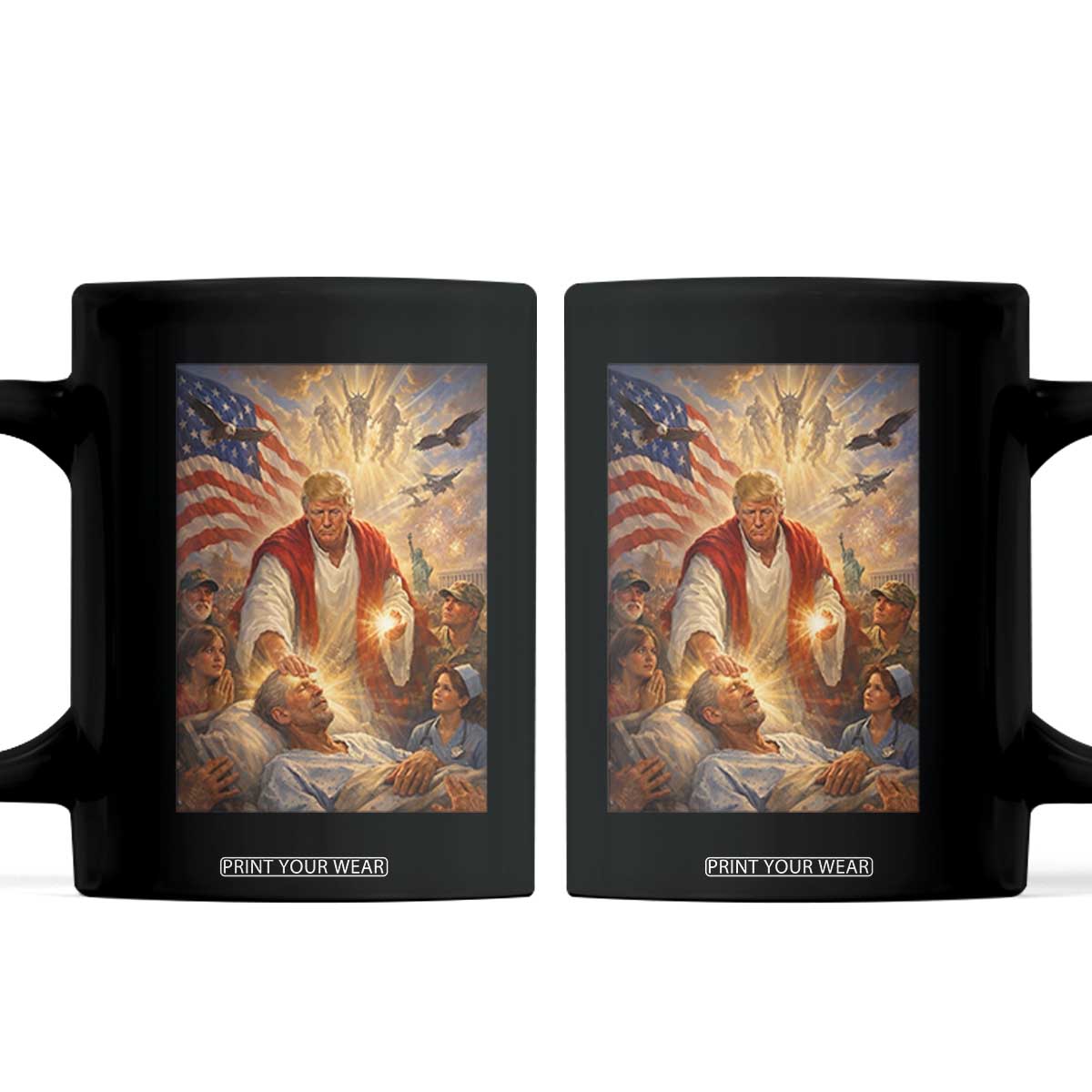 Trump The Healer Oil Painting Graphic Coffee Mug Sacred Heart Divine Mercy Political Parody TS02 Black Print Your Wear