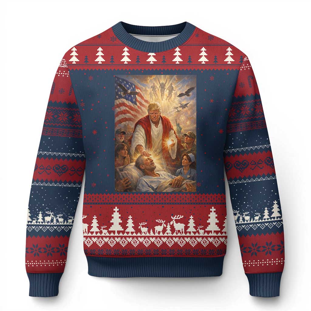 Trump The Healer Oil Painting Graphic Ugly Christmas Sweater Sacred Heart Divine Mercy Political Parody TS02 Navy Red Print Your Wear