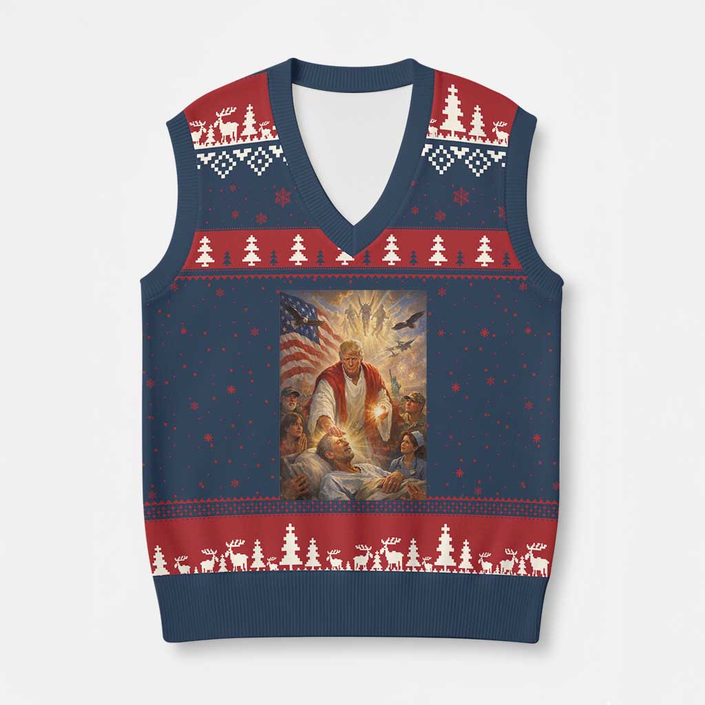 Trump The Healer Oil Painting Graphic V-Neck Knit Sweater Vest Sacred Heart Divine Mercy Political Parody TS02 Navy Red Print Your Wear