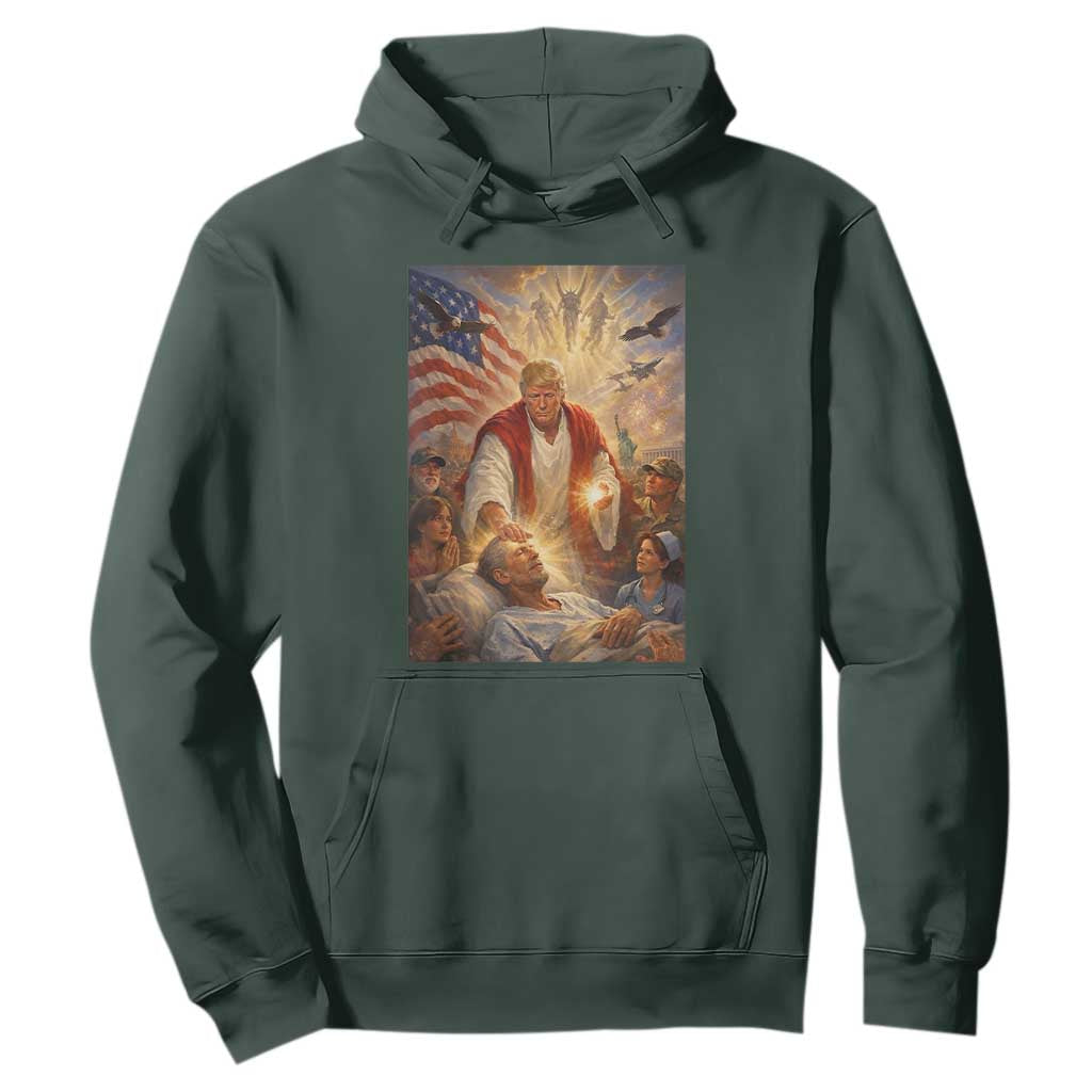 Trump The Healer Oil Painting Graphic Hoodie Sacred Heart Divine Mercy Political Parody TS02 Dark Forest Green Print Your Wear