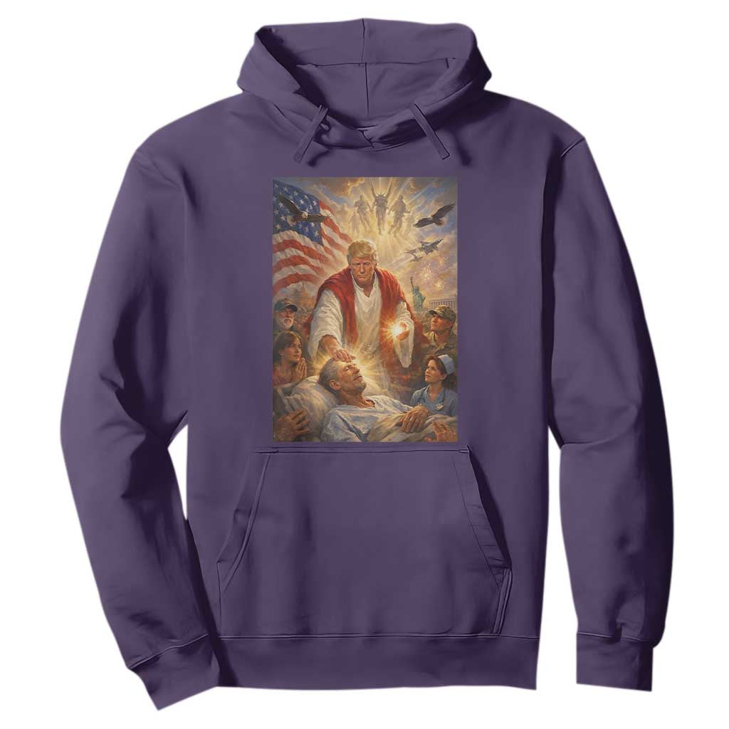 Trump The Healer Oil Painting Graphic Hoodie Sacred Heart Divine Mercy Political Parody TS02 Purple Print Your Wear