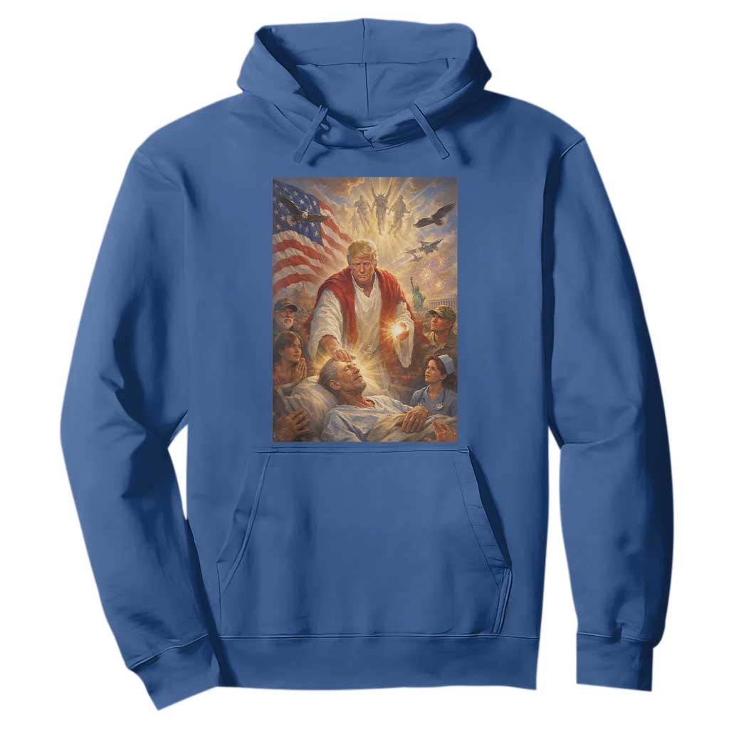 Trump The Healer Oil Painting Graphic Hoodie Sacred Heart Divine Mercy Political Parody TS02 Royal Blue Print Your Wear
