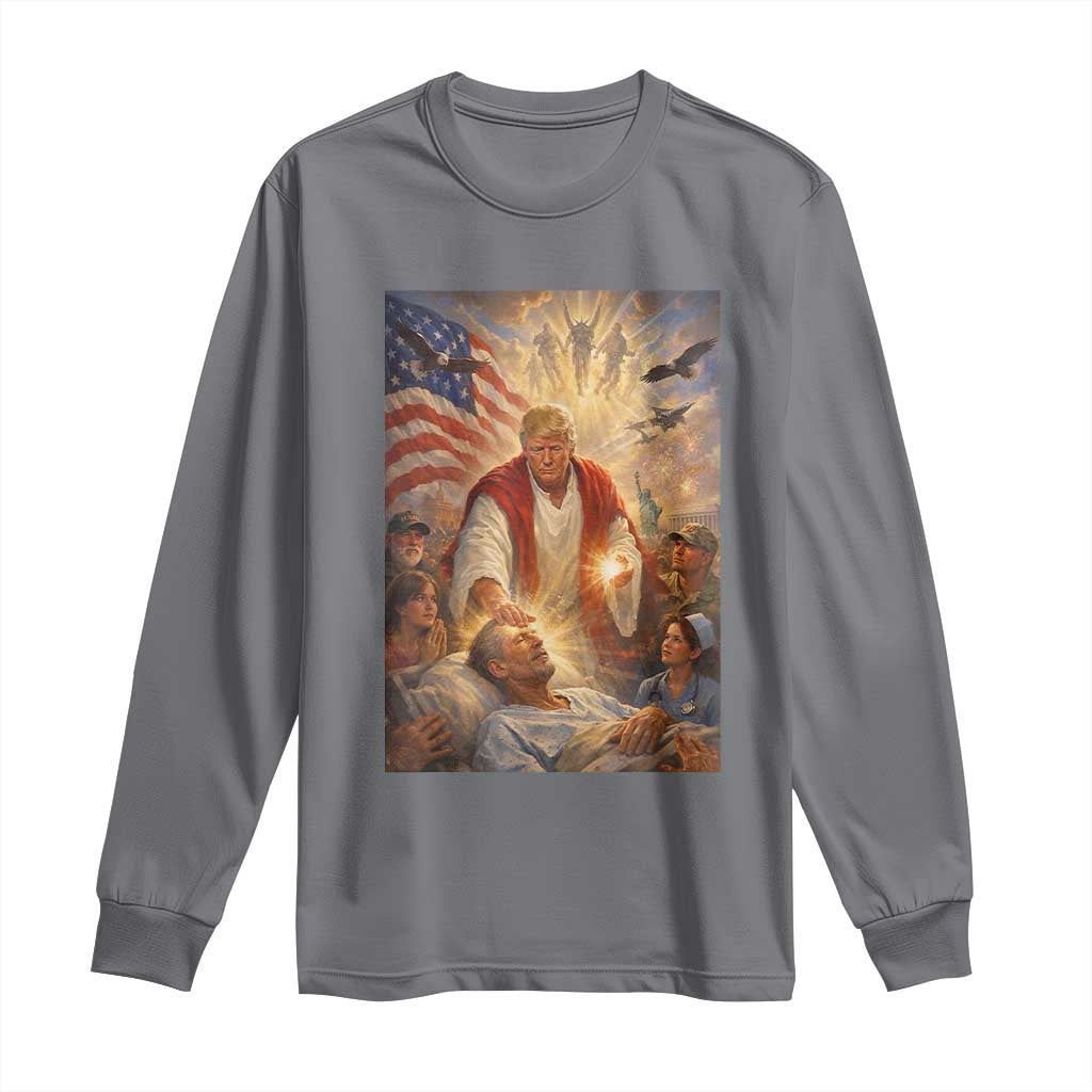 Trump The Healer Oil Painting Graphic Long Sleeve Shirt Sacred Heart Divine Mercy Political Parody TS02 Charcoal Print Your Wear