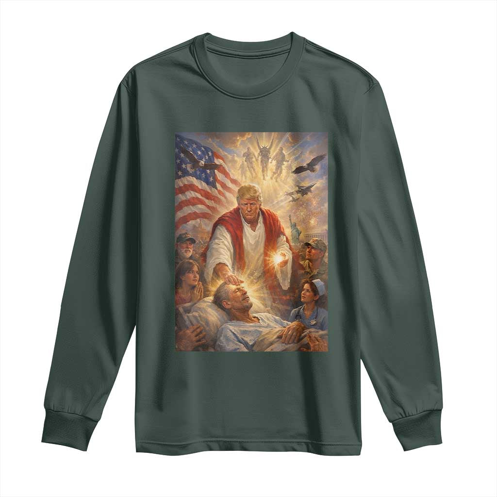 Trump The Healer Oil Painting Graphic Long Sleeve Shirt Sacred Heart Divine Mercy Political Parody TS02 Dark Forest Green Print Your Wear