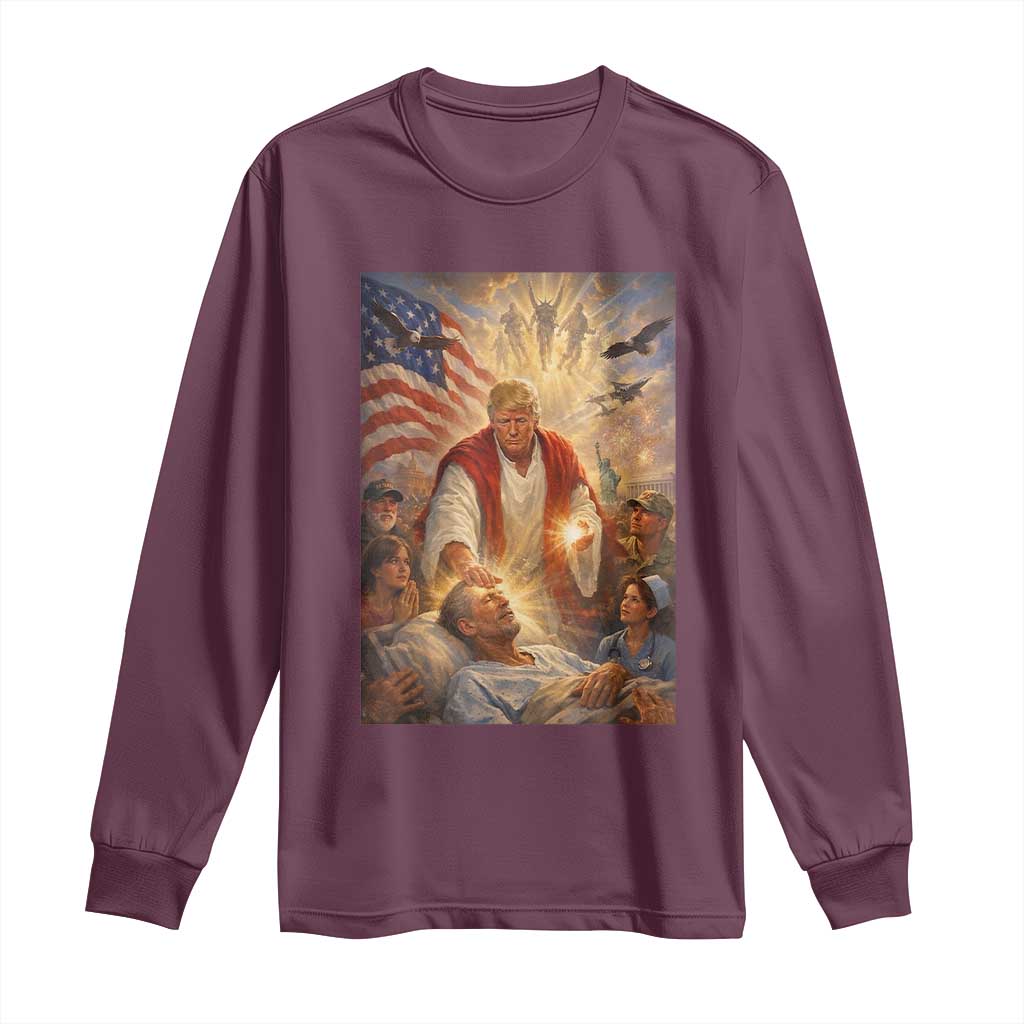 Trump The Healer Oil Painting Graphic Long Sleeve Shirt Sacred Heart Divine Mercy Political Parody TS02 Maroon Print Your Wear