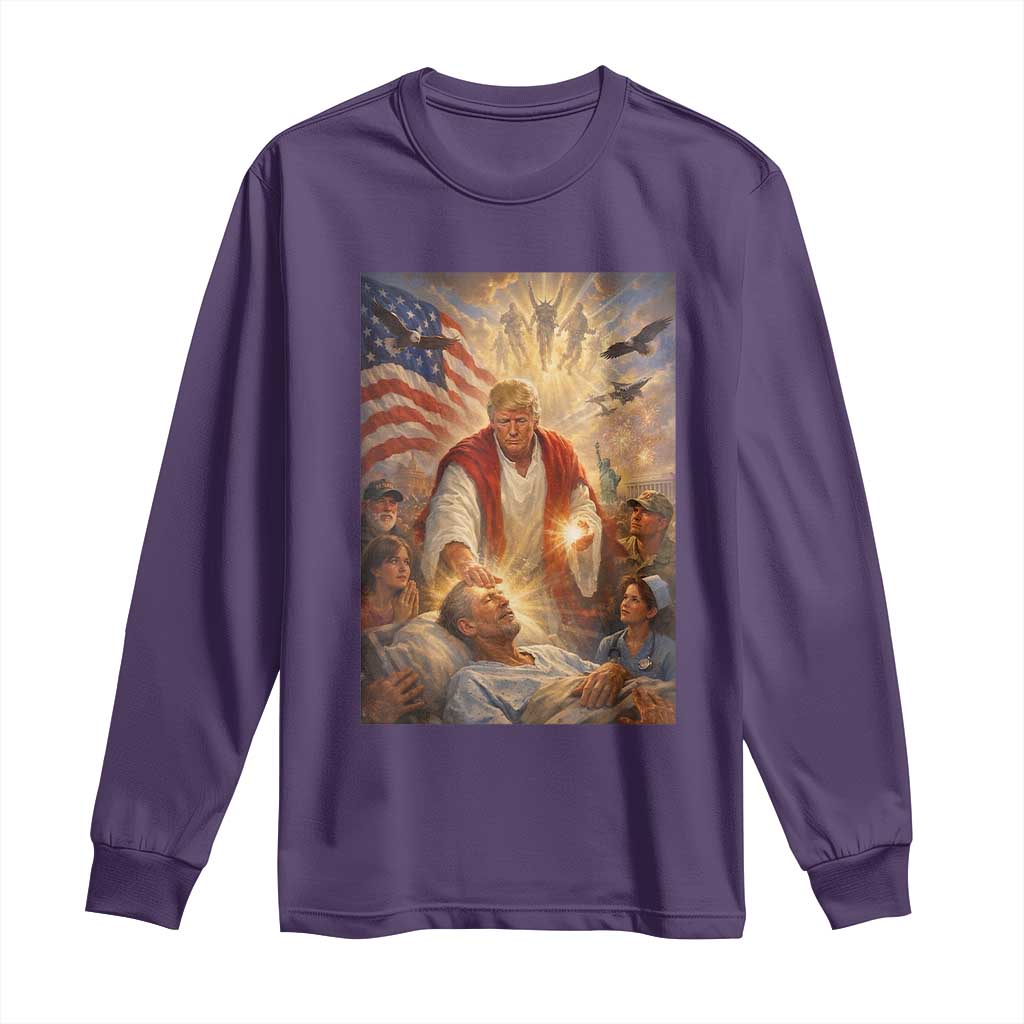 Trump The Healer Oil Painting Graphic Long Sleeve Shirt Sacred Heart Divine Mercy Political Parody TS02 Purple Print Your Wear