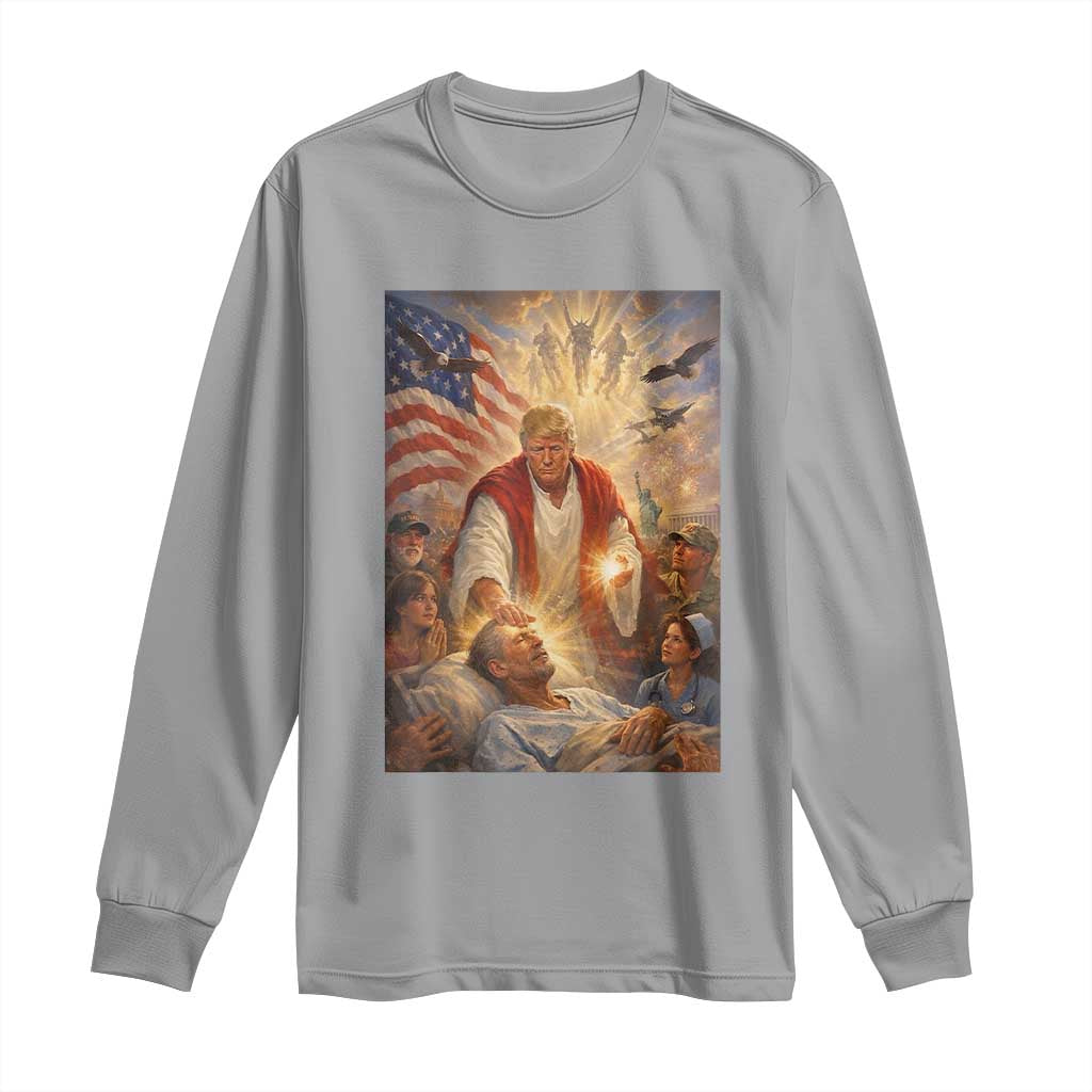 Trump The Healer Oil Painting Graphic Long Sleeve Shirt Sacred Heart Divine Mercy Political Parody TS02 Sport Gray Print Your Wear