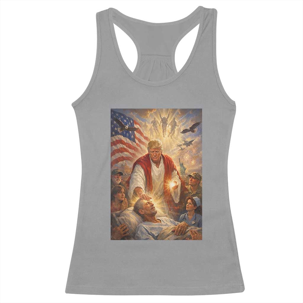 Trump The Healer Oil Painting Graphic Racerback Tank Top Sacred Heart Divine Mercy Political Parody TS02 Sport Gray Print Your Wear
