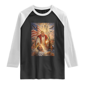 Trump The Healer Oil Painting Graphic Raglan Shirt Sacred Heart Divine Mercy Political Parody TS02 Black White Print Your Wear