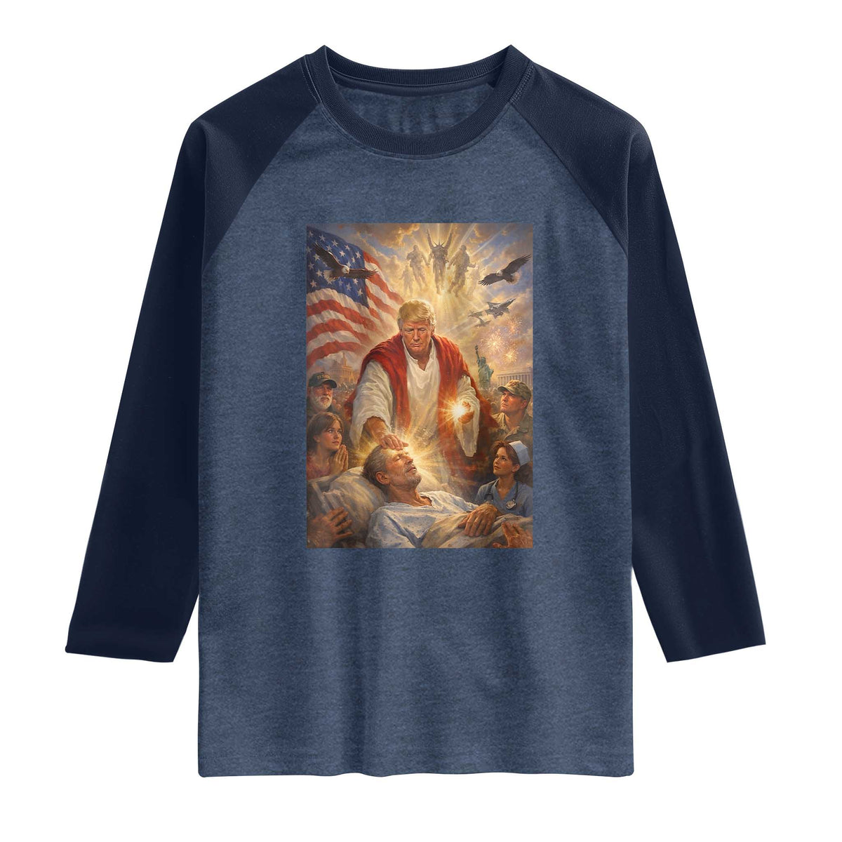 Trump The Healer Oil Painting Graphic Raglan Shirt Sacred Heart Divine Mercy Political Parody TS02 Heather Denim Navy Print Your Wear
