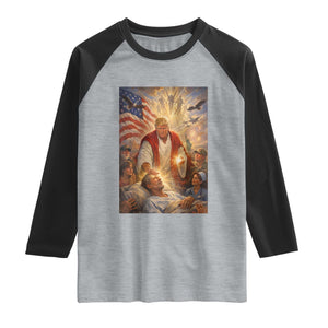 Trump The Healer Oil Painting Graphic Raglan Shirt Sacred Heart Divine Mercy Political Parody TS02 Heather Gray Black Print Your Wear