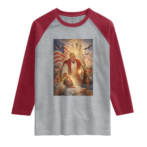 Trump The Healer Oil Painting Graphic Raglan Shirt Sacred Heart Divine Mercy Political Parody TS02 Heather Gray Heather Red Print Your Wear