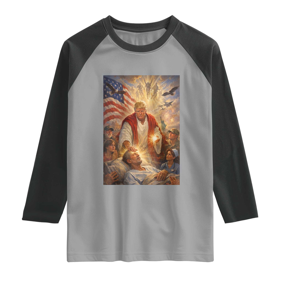 Trump The Healer Oil Painting Graphic Raglan Shirt Sacred Heart Divine Mercy Political Parody TS02 Sport Gray Black Print Your Wear