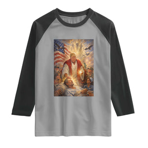 Trump The Healer Oil Painting Graphic Raglan Shirt Sacred Heart Divine Mercy Political Parody TS02 Sport Gray Black Print Your Wear