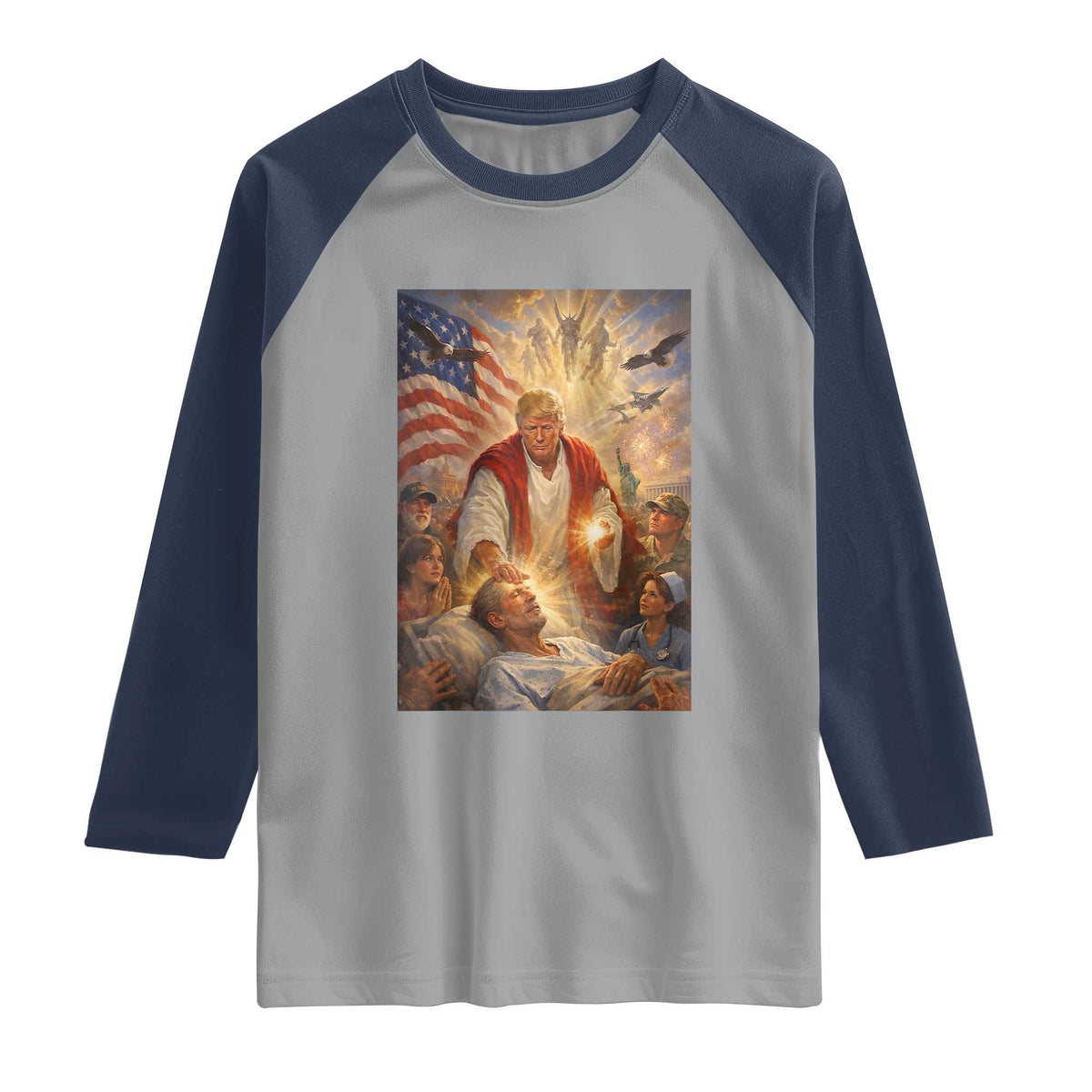 Trump The Healer Oil Painting Graphic Raglan Shirt Sacred Heart Divine Mercy Political Parody TS02 Sport Gray Navy Print Your Wear