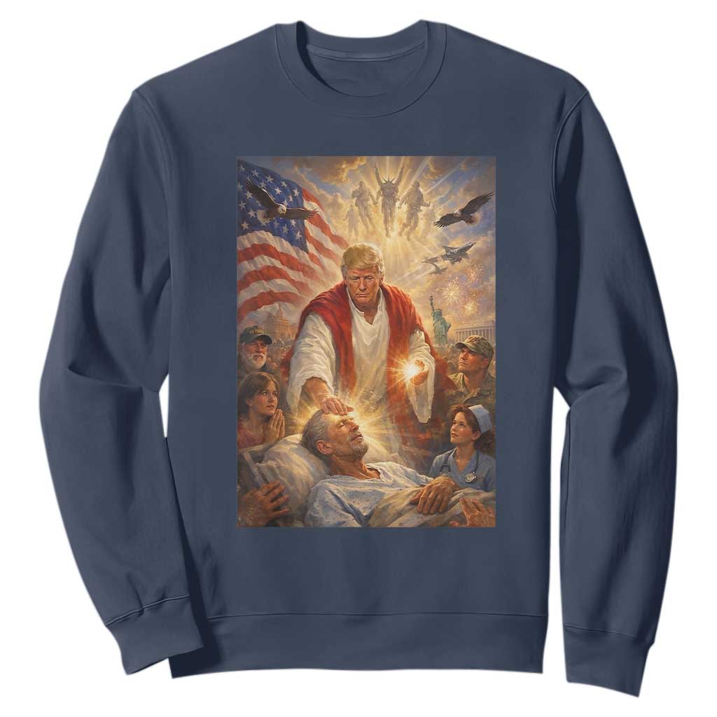 Trump The Healer Oil Painting Graphic Sweatshirt Sacred Heart Divine Mercy Political Parody TS02 Navy Print Your Wear